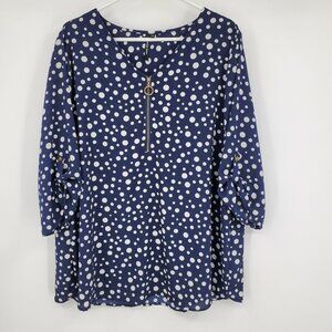 Cathy Navy Blue and White Polka‎ Dot Women's Popover Zipper 3/4 Sleeve Shirt 1X